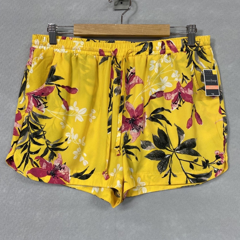 West Loop Floral Shorts Women’s L Mustard Yellow Flowy Lightweight Drawstring